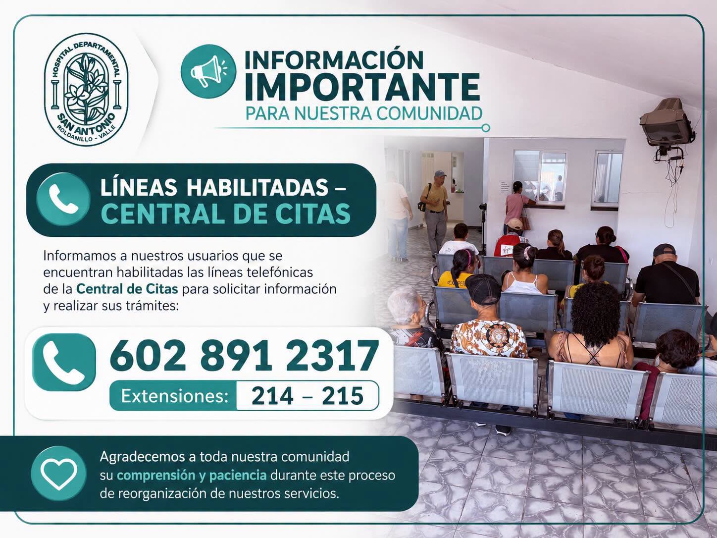 L&iacute;neas habilitadas de la Central de Citas: 602 891 2317, extensiones 214 y 215
