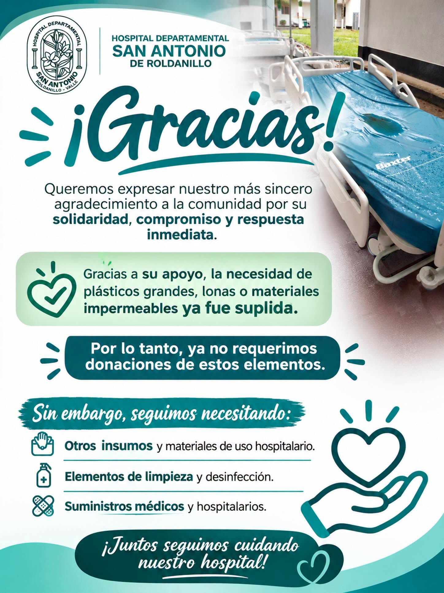 Agradecimiento a la comunidad por las donaciones tras el sismo: los pl&aacute;sticos y lonas ya no se requieren, pero se siguen necesitando insumos, elementos de limpieza y suministros m&eacute;dicos
