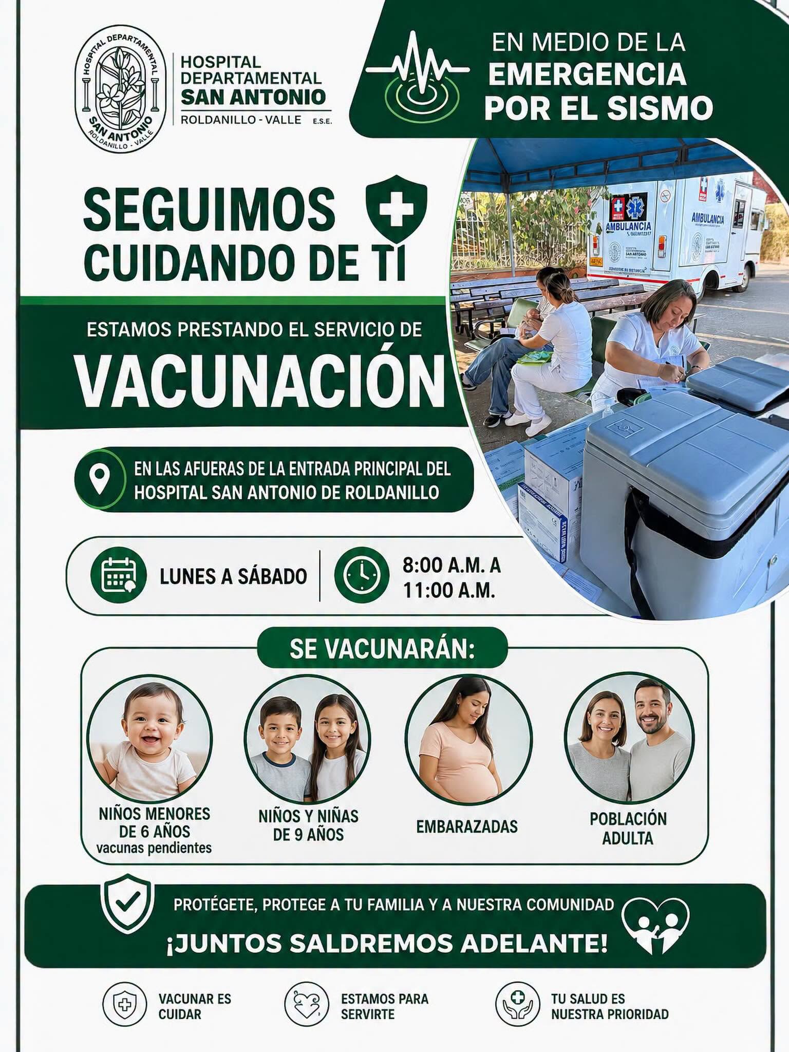 Jornada de vacunaci&oacute;n en medio de la emergencia por el sismo, afuera de la entrada principal del hospital, lunes a s&aacute;bado de 8:00 a.m. a 11:00 a.m.